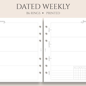 Dated Weekly Planner Inserts, B6 Planner, 6-Ring, Horizontal Layout with Weekly Habit Tracker, WO2P ~ 5.3" x 7"