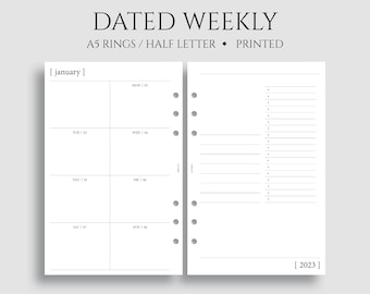 Dated Weekly Planner Inserts, Dashboard Layout, Two-Page Weekly, Minimal, Functional, WO2P ~ A5 Rings, Half Letter Size / 5.5" x 8.5"