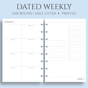 Dated Weekly Planner Inserts, Junior Half Letter Size Discbound, Dashboard Layout, Two-Page Weekly, Minimal, WO2P ~ 5.5 x 8.5"