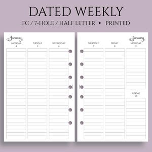 Dated Weekly Planner Inserts, FC Classic 7-Hole, Vertical Layout, Lined Columns, Two-Page Weekly, WO2P ~ Half Letter Size / 5.5" x 8.5"