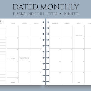 Dated Monthly Calendar Planner Inserts, Full Letter Size Discbound, Sunday Start, with Holidays, MO2P ~ 8.5" x 11"