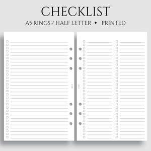 May include: A checklist printable sheet with a white background and black lines. The sheet is divided into two columns with checkboxes and lined spaces for writing. The sheet is designed for A5 rings and half letter size.