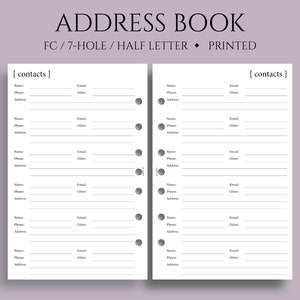 May include: A printable address book with a white background and black text. The book is designed for a 7-hole planner and is half letter size. The text on the page reads "[contacts]" and includes fields for name, phone, email, and other.