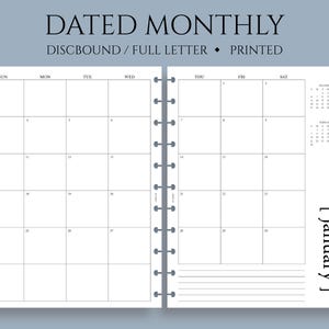 Dated Monthly Calendar Planner Inserts, Full Letter Size Discbound, Sunday Start, MO2P, Minimal, Functional ~ 8.5" x 11"