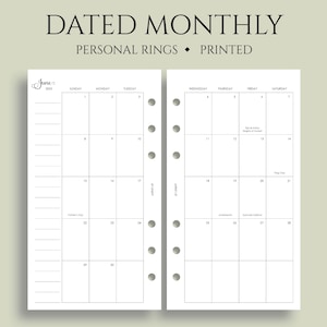 Dated Monthly Calendar Planner Inserts, 6-Ring Personal Size, Holidays, Sunday Start, MO2P ~ Personal Rings / 3.75&quot; x 6.75&quot;