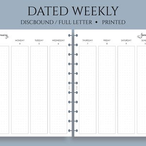 Dated Weekly Planner Inserts, Full Letter Size Discbound, Vertical Column Layout with Dot Grid, Two Page Weekly, WO2P ~ 8.5" x 11"