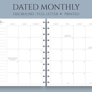 Dated Monthly Calendar Planner Inserts, Full Letter Size Discbound, Monday Start, with Holidays, MO2P ~ 8.5" x 11"