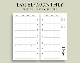 Dated Monthly Calendar Planner Inserts, Sunday Start, MO2P, Minimal, Functional ~ Personal Rings / 3.75" x 6.75"