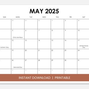 May 2025 Calendar with Holidays, Printable Dated May Monthly Calendar, Instant Digital Download PDF, Sunday Start or Monday Start