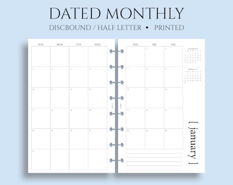 Dated Monthly Calendar Planner Inserts, Junior Half Letter Size Discbound, Sunday Start, MO2P, Minimal, Functional ~ 5.5 x 8.5"