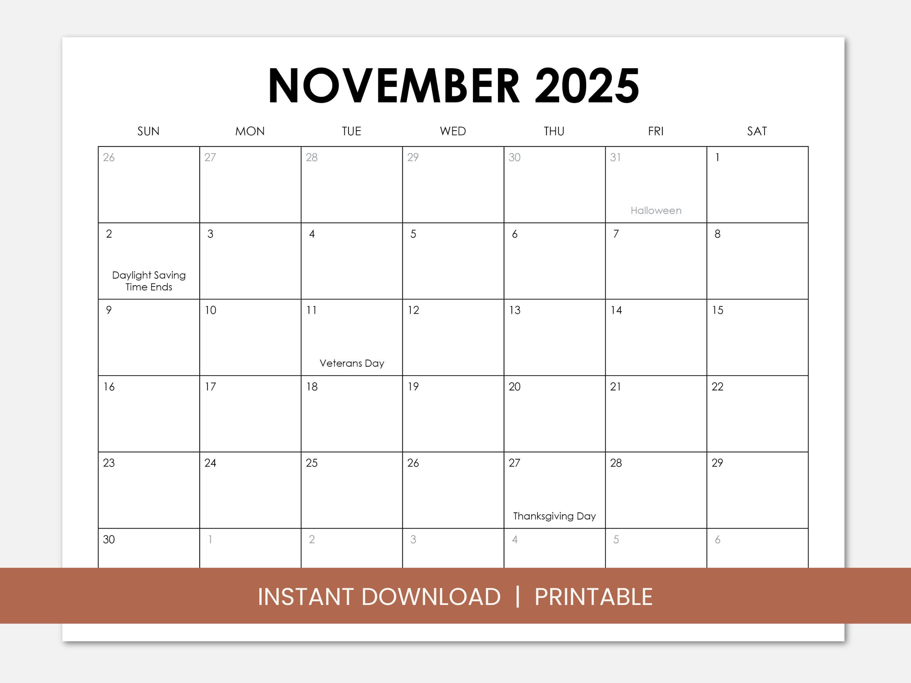 November 2025 Calendar with Holidays, Printable Dated November Monthly Calendar, Instant Digital Download PDF, Sunday Start, Monday Start