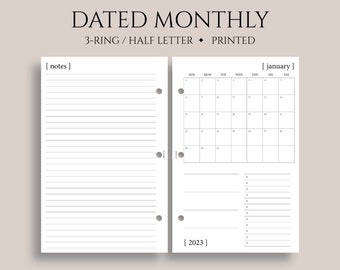 Dated Monthly Calendar Planner Inserts, Sunday Start, MO1P, Minimal, Functional ~ Half Letter Size 3-Ring / 5.5" x 8.5"