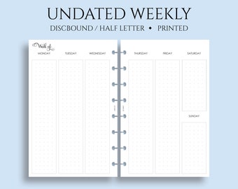 Undated Weekly Planner Inserts, Vertical Column Layout, Dot Grid, Two Page Weekly, WO2P ~ Junior Half Letter Size Discbound / 5.5" x 8.5"