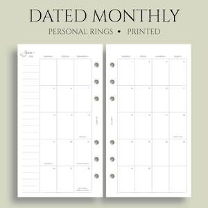 Dated Monthly Calendar Planner Inserts, Monday Start, Optional Holidays, MO2P Personal Rings / 3.75 x 6.75 image 1