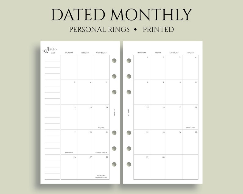Dated Monthly Calendar Planner Inserts, Monday Start, Optional Holidays, MO2P Personal Rings / 3.75 x 6.75 image 1