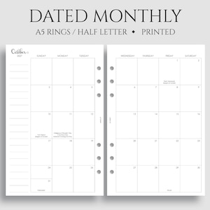 Dated Monthly Calendar Planner Inserts, A5 6-Ring Punch, Half Letter Size, Holidays, Sunday Start, MO2P ~ 5.5" x 8.5"