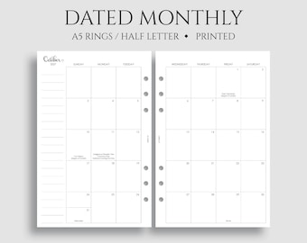 Dated Monthly Calendar Planner Inserts, A5 6-Ring Punch, Half Letter Size, Holidays, Sunday Start, MO2P ~ 5.5" x 8.5"