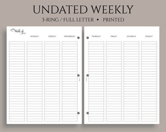 Undated Weekly Planner Inserts, Two-Page Vertical Layout with Lined Columns ~ Fits Full Letter Size 3-Ring / 8.5" x 11"