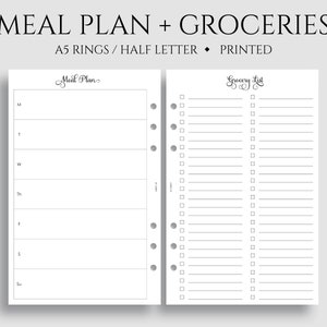 May include: A printable meal planner and grocery list template for A5 ring binders. The template is designed for half letter size paper and includes a weekly meal plan section and a grocery list section.