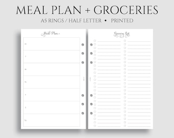 Planificateur de repas hebdomadaire et liste de courses, feuillets A5, perforatrice 6 anneaux, demi-lettre ~ 18,4 x 21,8 cm