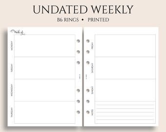 Undated Weekly Planner Inserts, B6 Planner, 6-Ring, Two Page Horizontal Layout, Lined Notes Section, WO2P ~ 5.3" x 7"