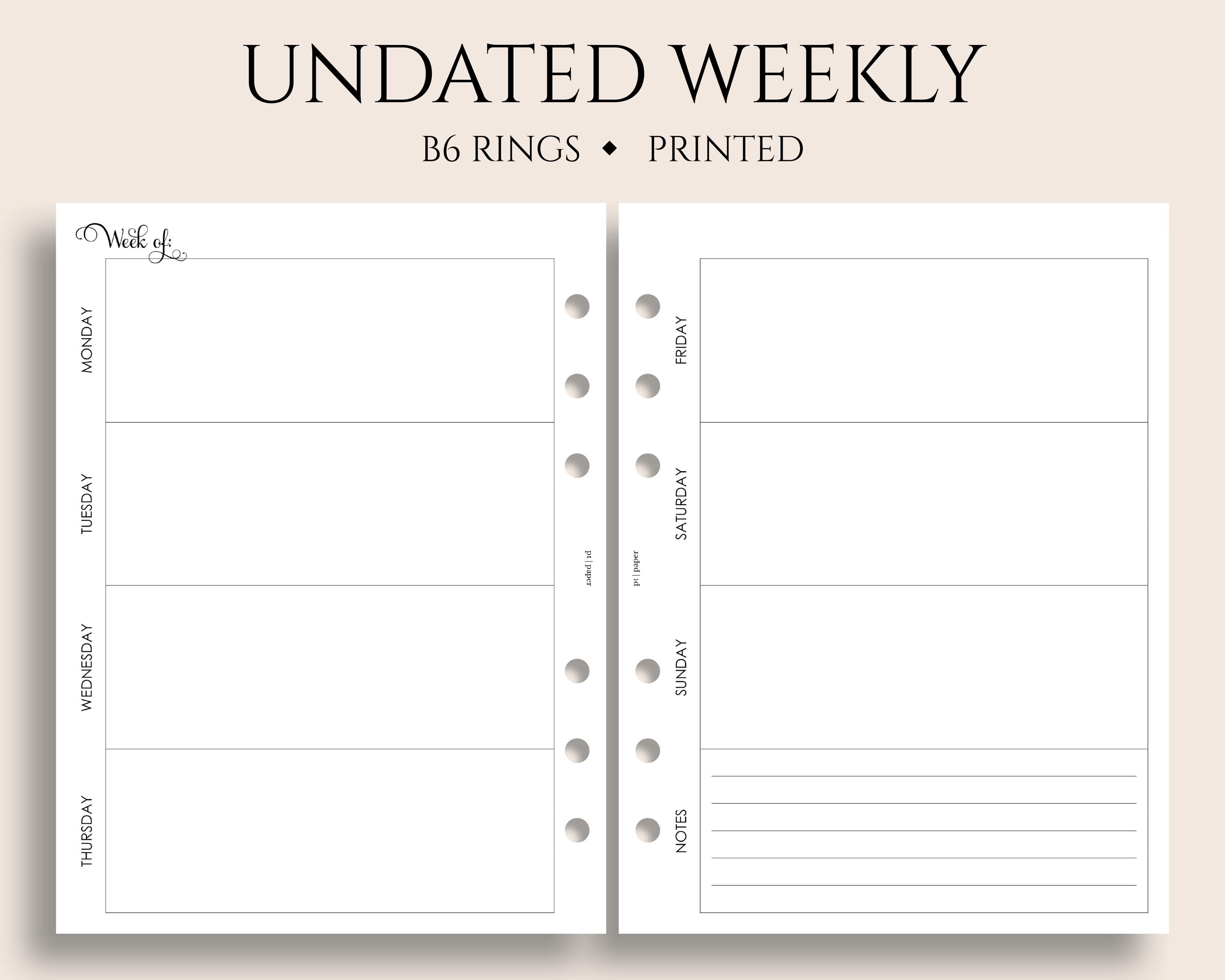 Undated Weekly Planner Inserts, B6 Planner, 6-ring, Two Page Horizontal ...