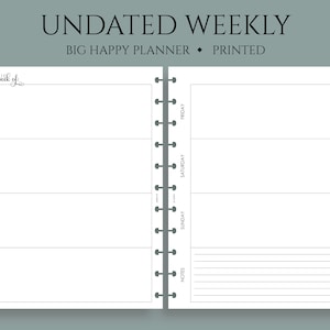 Undated Weekly Planner Inserts, Horizontal Week on Two Pages, Lined Notes Section, WO2P ~ Big Happy Planner / 8.5&quot; x 11&quot;