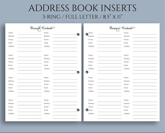 address book inserts personal