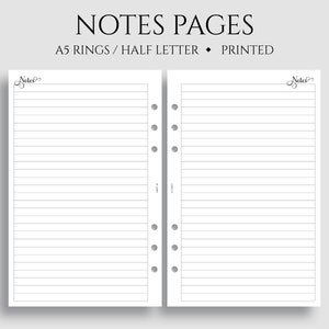 May include: White lined paper for notes with the text "NOTES PAGES" at the top. The paper is designed for A5 rings and half-letter sizes, and is printed. The word "Notes" is written in cursive in the top left and right corners.