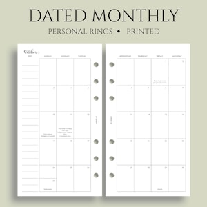 Dated Monthly Calendar Planner Inserts, 6-Ring Personal Size, Holidays, Sunday Start, MO2P ~ Personal Rings / 3.75" x 6.75"