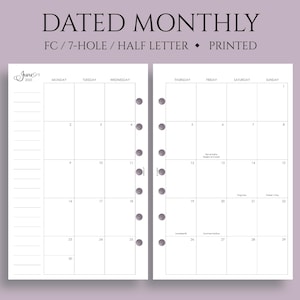 Dated Monthly Calendar Planner Inserts, FC Classic 7-Hole, Monday Start, Optional Holidays, MO2P ~ Half Letter Size / 5.5&quot; x 8.5&quot;