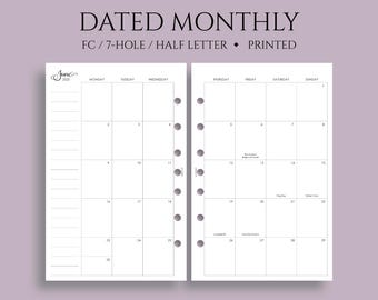Dated Monthly Calendar Planner Inserts, FC Classic 7-Hole, Monday Start, Optional Holidays, MO2P ~ Half Letter Size / 5.5" x 8.5"