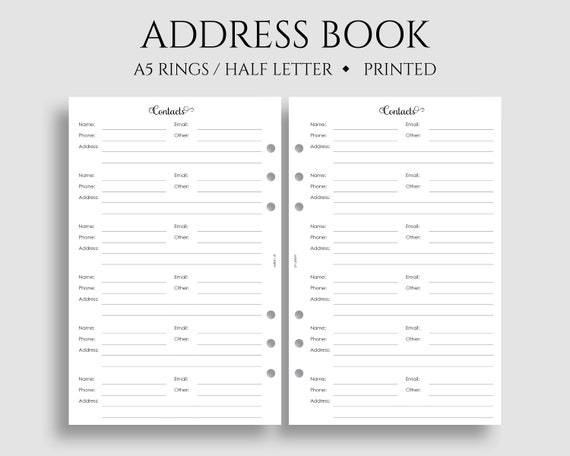 Address Book Inserts, Personal and Business Contacts Pages, Phone Book and  Addresses ~ A5 Rings, Half Letter Size / 5.5 x 8.5