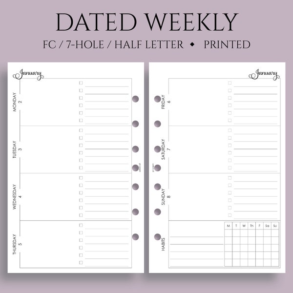 Dated Weekly Planner Inserts, Horizontal Layout, Daily To Do List, Weekly Habit Tracker, WO2P ~ FC Classic 7-Hole, Half Letter / 5.5" x 8.5"