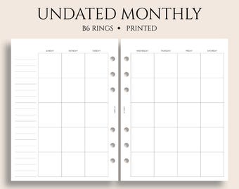 Undated Monthly Calendar Planner Inserts, B6 Planner, 6-Ring, Sunday Start, Sunday to Saturday, MO2P Layout ~ 5.3" x 7"