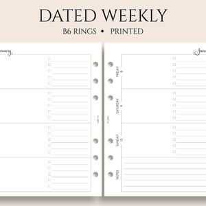 May include: A dated weekly planner insert with the text "DATED WEEKLY B6 RINGS PRINTED". The planner pages are white with a layout for each day of the week, including checkboxes and space for notes. The month of January is displayed.