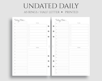 May include: Two blank daily planner pages with a "Today's Date" heading, a to-do list, and a notes section. The pages are designed for a A5 ring binder and are printed on half letter size paper.