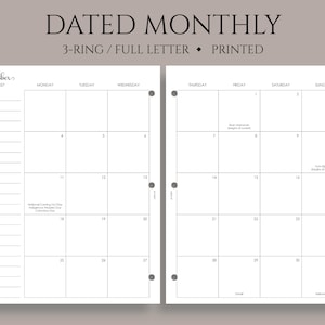 Dated Monthly Calendar Planner Inserts, 3-Ring Full Letter, Monday Start, Holidays, MO2P ~ 3-Hole Punch, 8.5" x 11"