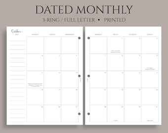 Dated Monthly Calendar Planner Inserts, 3-Ring Full Letter, Monday Start, Holidays, MO2P ~ 3-Hole Punch, 8.5" x 11"