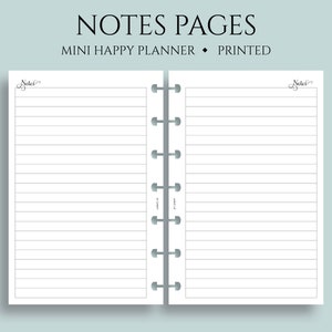 May include: Two blank lined pages from a mini happy planner with a silver coil binding. The pages are labeled "Notes" at the top.