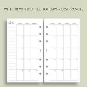 Dated Monthly Calendar Planner Inserts, Monday Start, Optional Holidays, MO2P Personal Rings / 3.75 x 6.75 image 2