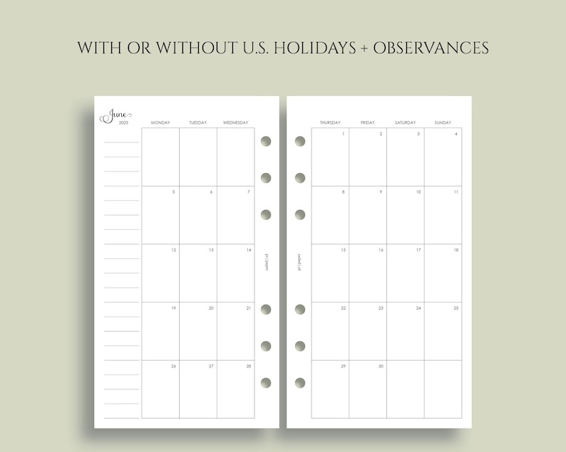 Dated Monthly Calendar Planner Inserts, Monday Start, Optional Holidays, MO2P Personal Rings / 3.75 x 6.75 image 2