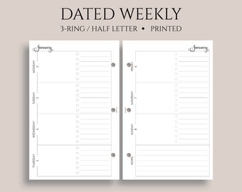 Dated Weekly Planner Inserts, Horizontal Layout, Daily To Do List, Lined Notes Section, WO2P ~ Half Letter Size 3-Ring / 5.5" x 8.5"