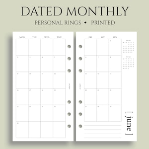 Dated Monthly Calendar Planner Inserts, 6-Ring Personal Size, Monday Start, MO2P, Minimal, Functional ~ Personal Rings / 3.75&quot; x 6.75&quot;