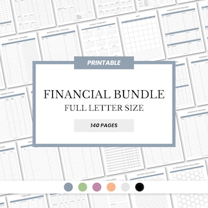 May include: Printable financial planner bundle with 140 pages. The bundle includes trackers for bills, expenses, savings, subscriptions, donations, and more. The pages are in a gray and white color scheme.