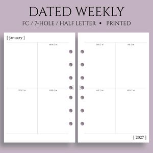 Dated Weekly Planner Inserts, FC Classic 7-Hole, Vertical Layout, Two-Page Weekly, Minimal, WO2P, Daytimer ~ Half Letter / 5.5" x 8.5"
