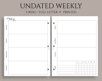 Undated Weekly Planner Inserts, Horizontal Layout with Weekly Habit Tracker, WO2P ~ Fits Full Letter Size 3-Ring / 8.5" x 11"