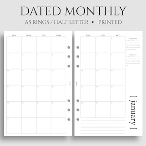 Dated Monthly Calendar Planner Inserts, A5 6-Ring Punch, Half Letter Size, Sunday Start, Minimal, MO2P, Functional ~ 5.5" x 8.5"