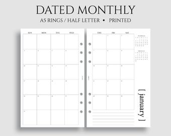 Dated Monthly Calendar Planner Inserts, A5 6-Ring Punch, Half Letter Size, Sunday Start, Minimal, MO2P, Functional ~ 5.5" x 8.5"