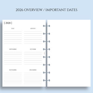 Op de afbeelding: Een plannerpagina met de tekst "2026 OVERVIEW / IMPORTANT DATES" bovenaan. De linkerpagina toont een kalenderindeling voor juli tot en met december 2028, met gelijnde ruimtes voor notities. De rechterpagina is leeg. De pagina's zijn gebonden met een zilveren ringband.